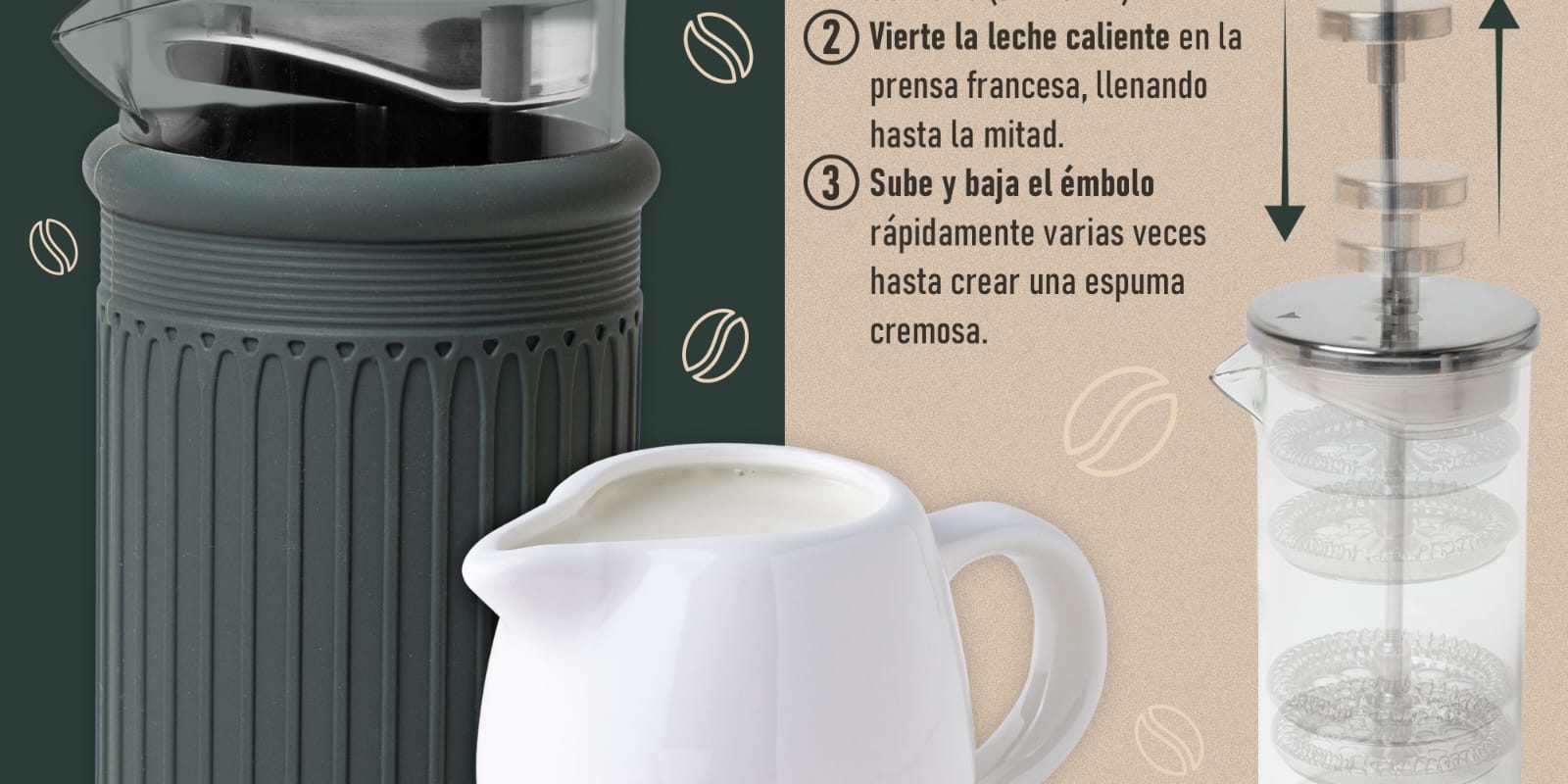 Emulsiona la leche. Lista para una latte o cappuccino perfecto. Calienta la leche a unos 60-70 grados (sin hervir) Vierte la leche caliente en la prensa francesa, llenando hasta la mitad Sube y baja el émbolo rápidamente varias veces hasta crear una espuma cremosa