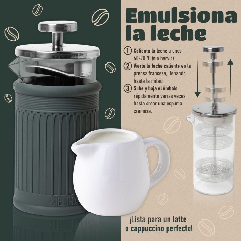 Emulsiona la leche. Lista para una latte o cappuccino perfecto. Calienta la leche a unos 60-70 grados (sin hervir) Vierte la leche caliente en la prensa francesa, llenando hasta la mitad Sube y baja el émbolo rápidamente varias veces hasta crear una espuma cremosa