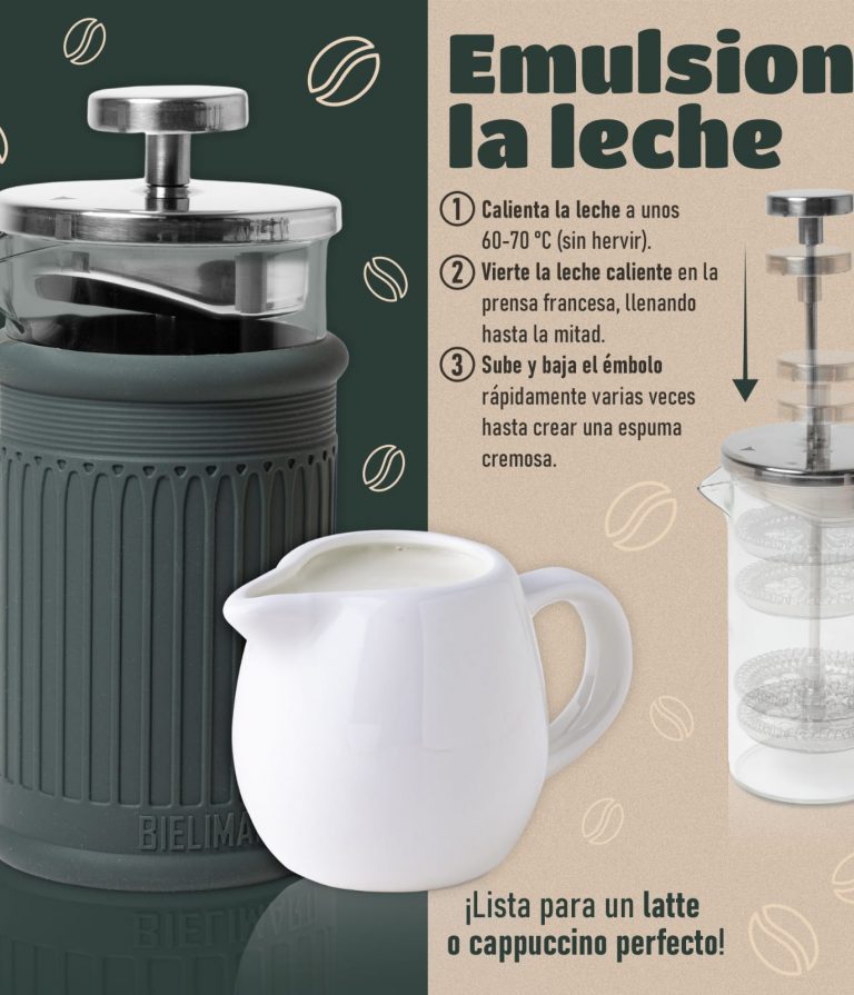 Emulsiona la leche. Lista para una latte o cappuccino perfecto. Calienta la leche a unos 60-70 grados (sin hervir) Vierte la leche caliente en la prensa francesa, llenando hasta la mitad Sube y baja el émbolo rápidamente varias veces hasta crear una espuma cremosa