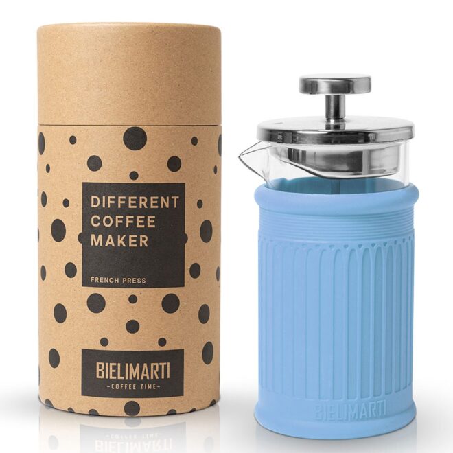 Cafetera de prensa francesa Bielimarti con funda azul y su tubo