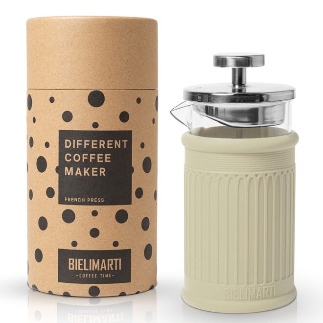 Cafetera de prensa francesa Bielimarti con funda beige y su tubo