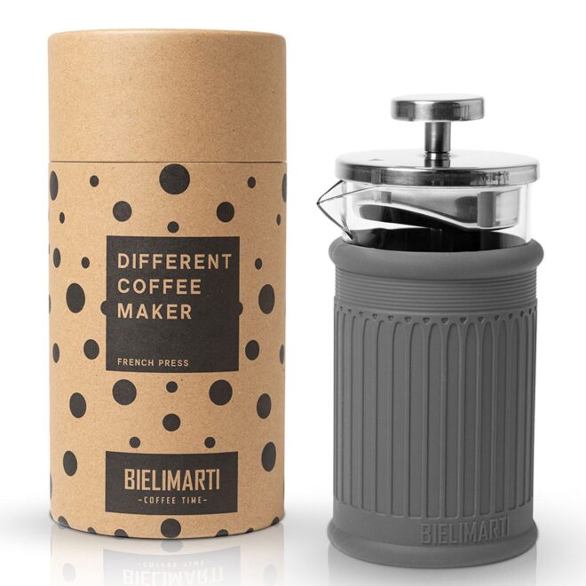Cafetera de prensa francesa Bielimarti con funda gris y su tubo