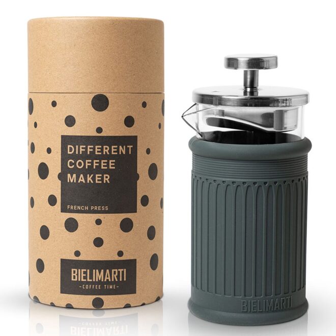 Cafetera de prensa francesa Bielimarti con funda verde oscuro y su tubo