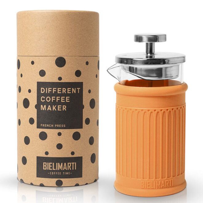 Cafetera de prensa francesa Bielimarti con funda naranja y su tubo