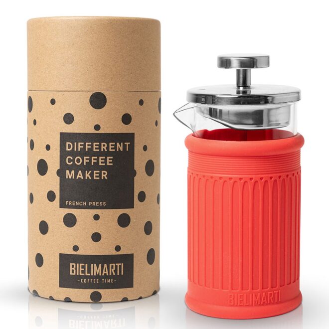 Cafetera de prensa francesa Bielimarti con funda roja y su tubo