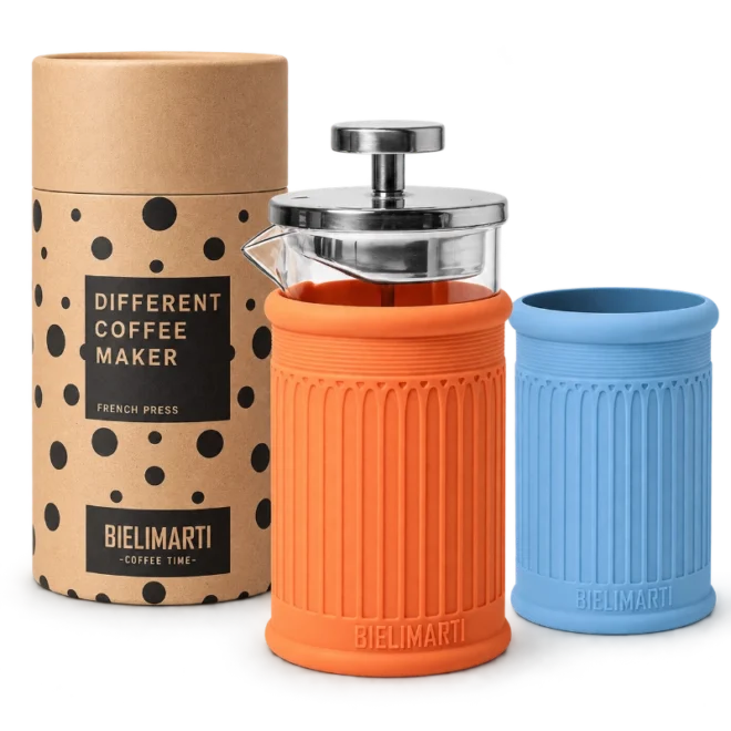 Kit Bielimarti: cafetera de prensa francesa con funda naranja y funda extra azul