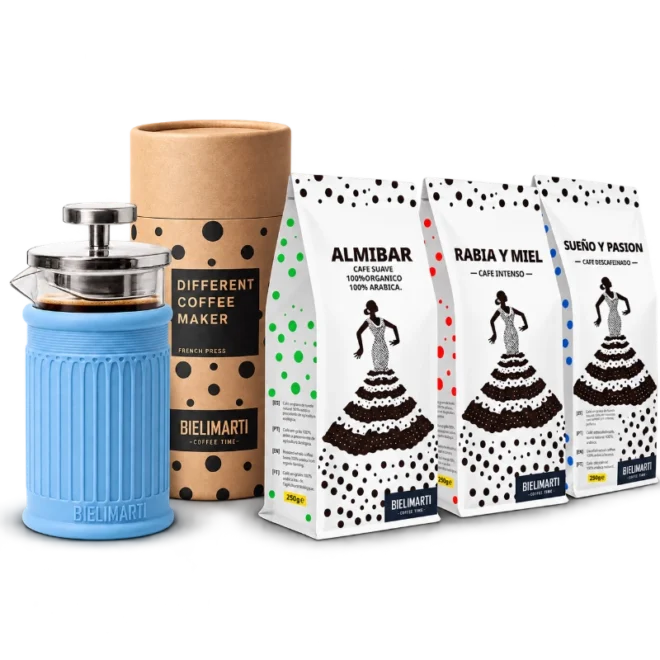 Kit Bielimarti: cafetera de prensa francesa con el Pack Descubrimiento de tres cafés