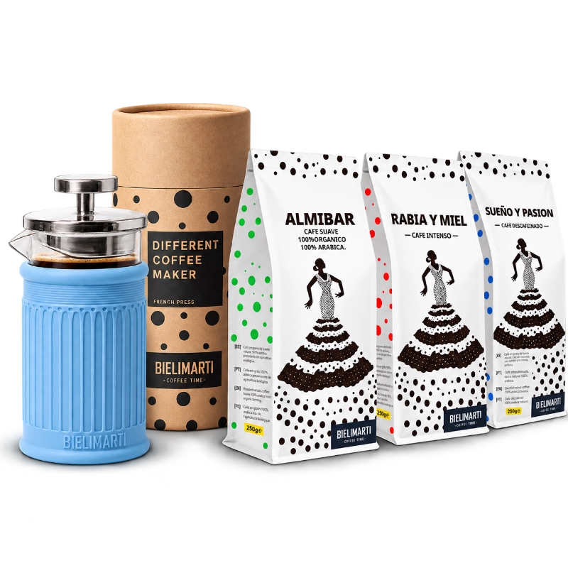 Kit Bielimarti: cafetera de prensa francesa con el Pack Descubrimiento de tres cafés