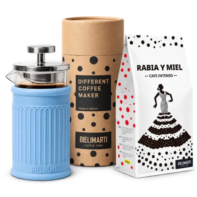 Kit Bielimarti: cafetera de prensa francesa con una bolsa de café Rabia y Miel