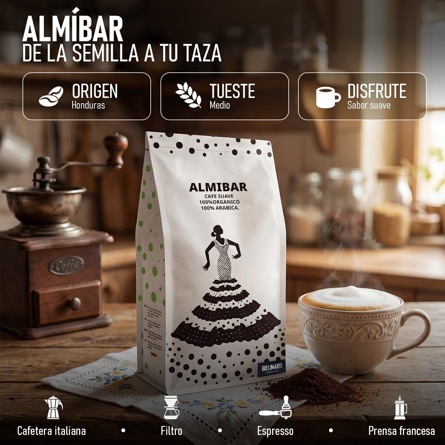 Café Almíbar Bielimarti, 100 % arábica de Honduras, bolsa de 250 g