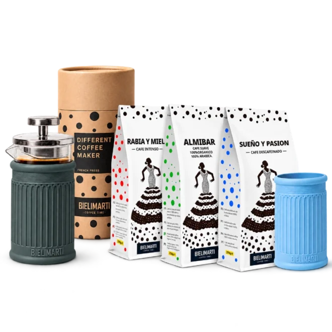 Kit Completo Bielimarti: cafetera de prensa francesa, funda extra y tres bolsas de café