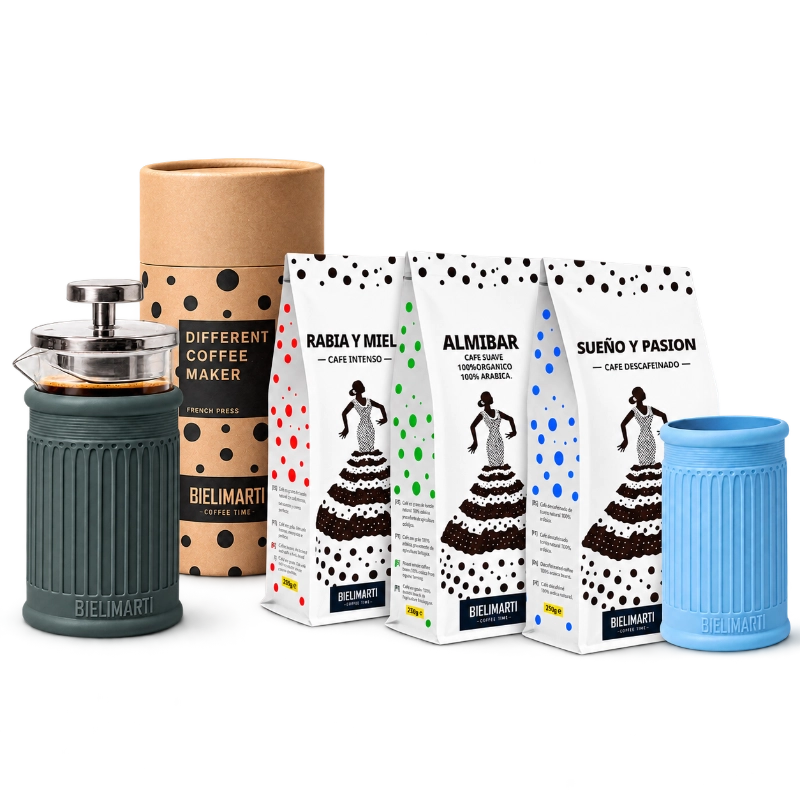 Kit Completo Bielimarti: cafetera de prensa francesa, funda extra y tres bolsas de café